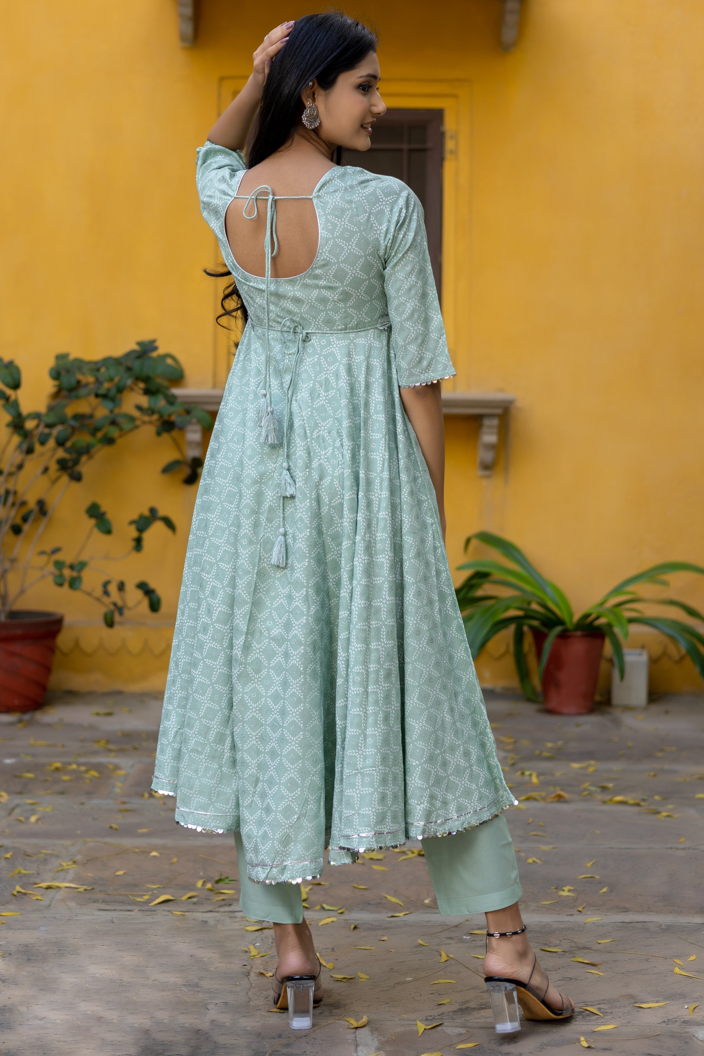 Green Silver Printed Anarkali with Belt and Narrow Pant
